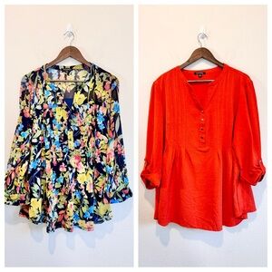 Roz & Ali Lot 2 Career Office Tops Floral Blouse Orange Tunic Womens 3X